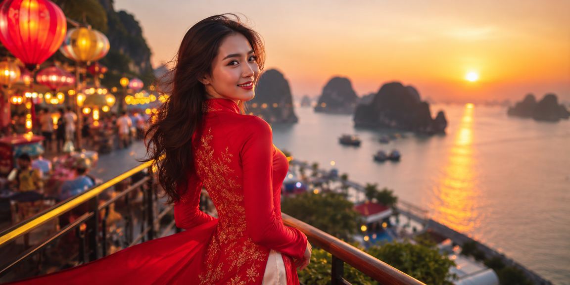 Người mặc áo dài trải nghiệm ứng dụng casino trực tuyến trên du thuyền Hạ Long Bay
